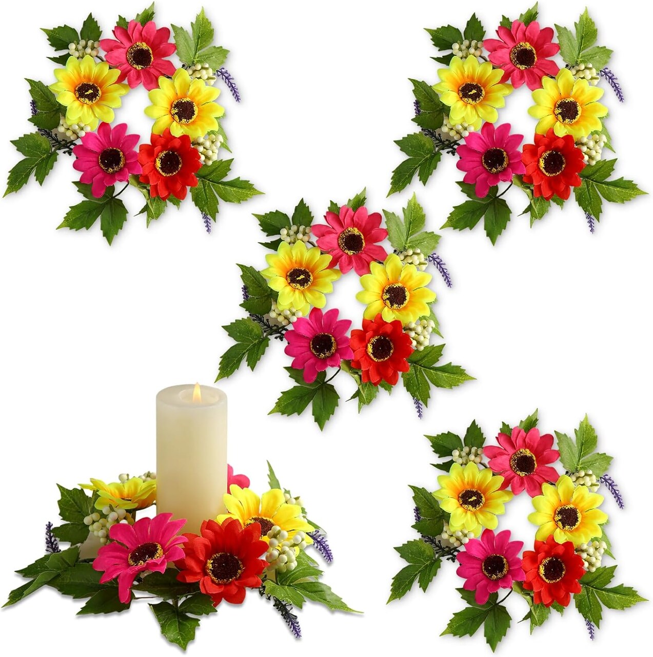 4 Pcs Flower Candle Rings Wreaths, Summer Floral Candle Rings, Small Pillar Candle Wreaths with Artificial Gerbera Daisy, Candle Holder Rings for Home Table Centerpieces